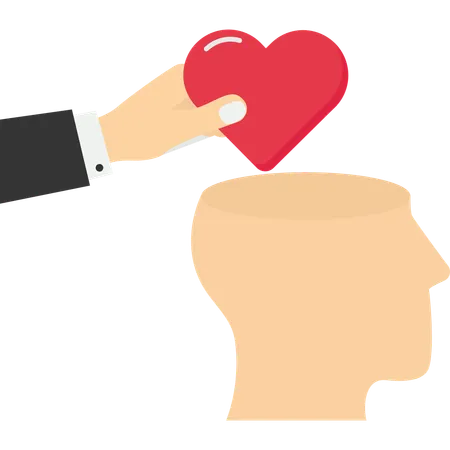 Hand put positive heart shape into human brain  Illustration