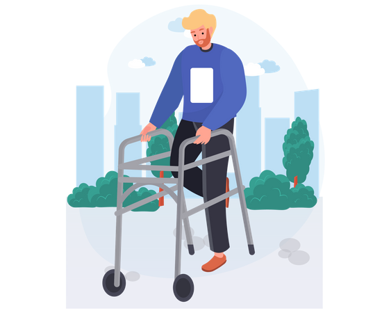 Handicapped man walking with help of walker  Illustration