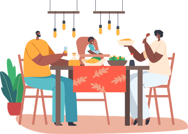 Happy African Family Having Dinner Together  Illustration