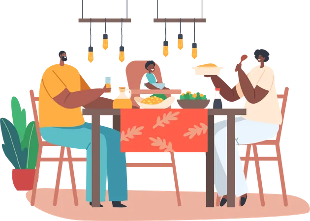 Happy African Family Having Dinner Together  Illustration