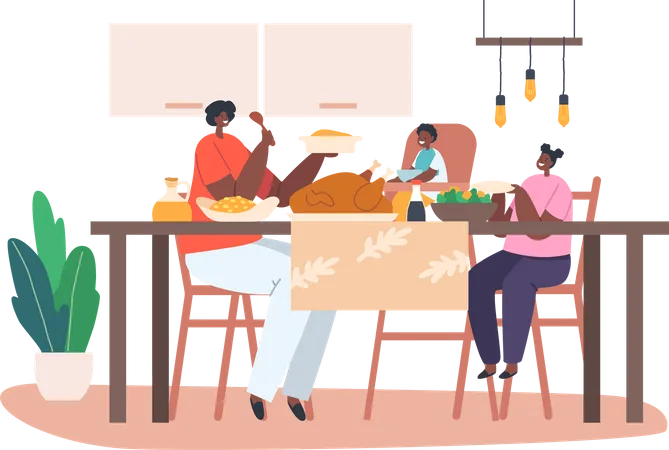 Happy African Mother and Little Kids Having Dinner at Table with Food  Illustration