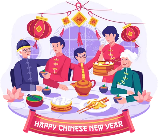 Happy Asian Family gathering is having a reunion dinner  Illustration