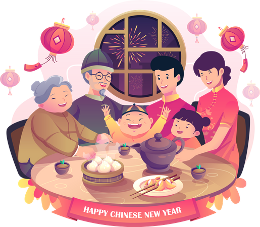 Happy Asian Family gathering together for Chinese new year dinner  Illustration