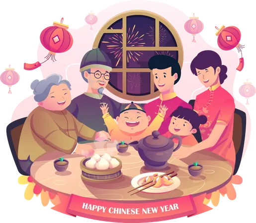 Happy Asian Family gathering together for Chinese new year dinner  Illustration