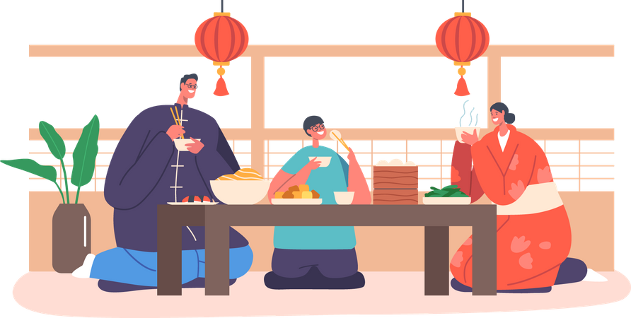 Happy Asian Parents and Kid Having Dinner at Home  Illustration