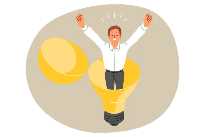 Happy businessman stands inside light bulb raising hands up and rejoicing at new business idea  Illustration