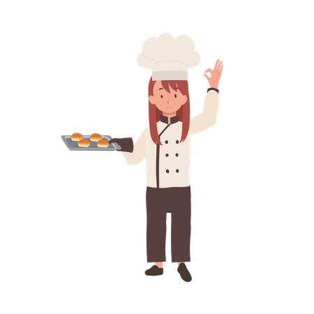 Happy Chef Doing OK Hand Sign and holding fresh baked bun on tray in other hand  イラスト