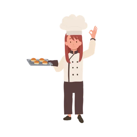 Happy Chef Doing OK Hand Sign and holding fresh baked bun on tray in other hand  イラスト