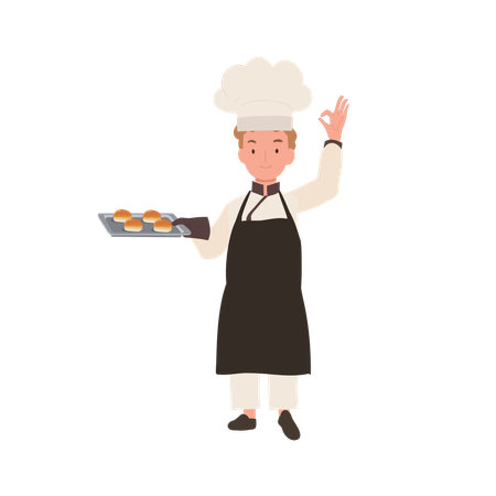 Happy Chef Doing OK Hand Sign and holding fresh baked bun on tray in other hand  イラスト