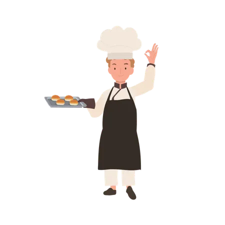 Happy Chef Doing OK Hand Sign and holding fresh baked bun on tray in other hand  イラスト