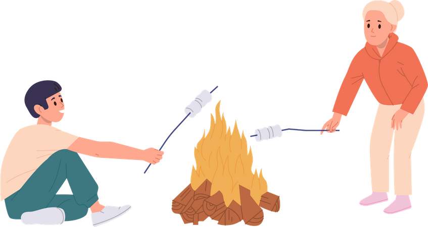 Happy children frying marshmallows on open fire  Illustration