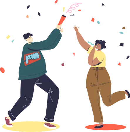 Happy couple celebrating holiday event with cracker and confetti  Illustration