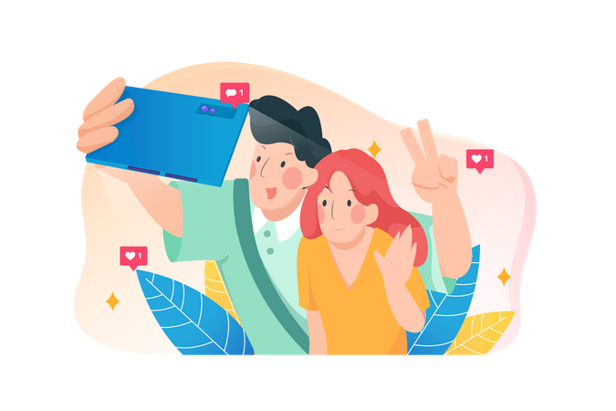 Happy couple takes a selfie during their holidays  イラスト