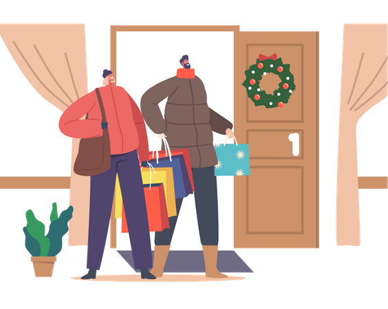 Happy Couple with shopping bags at parents house door  イラスト