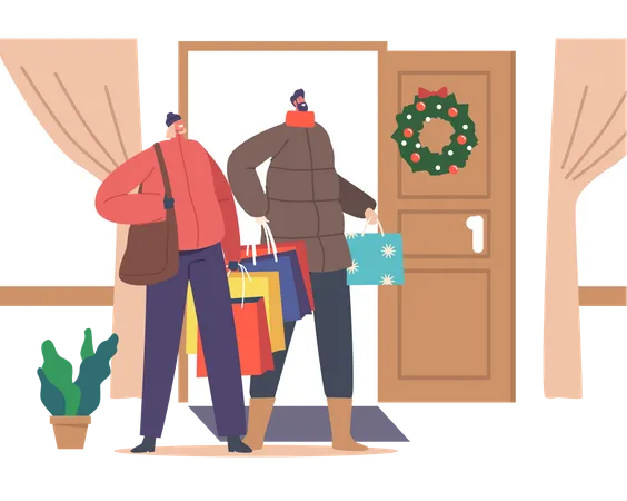 Happy Couple with shopping bags at parents house door  イラスト