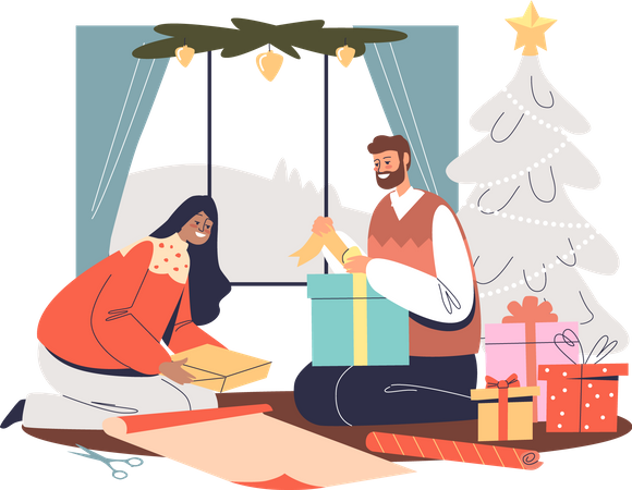 Happy couple wrapping gifts for Christmas sitting together at decorated xmas pine tree  イラスト