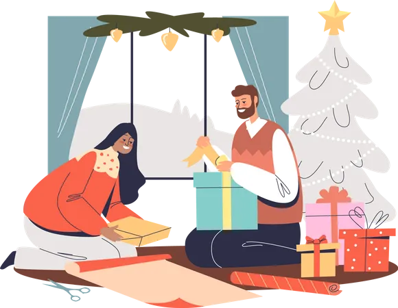 Happy couple wrapping gifts for Christmas sitting together at decorated xmas pine tree  イラスト