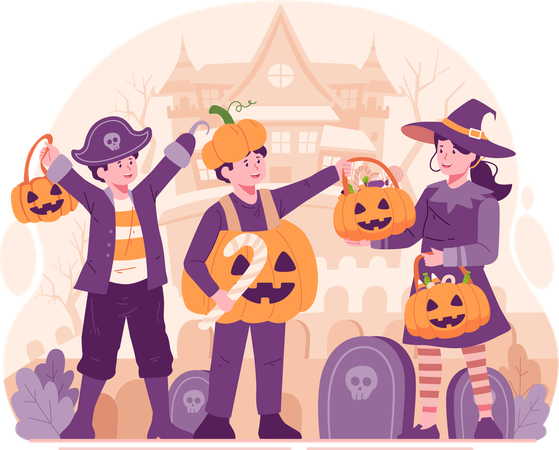 Happy Cute Children Dressed in Halloween Costumes  イラスト