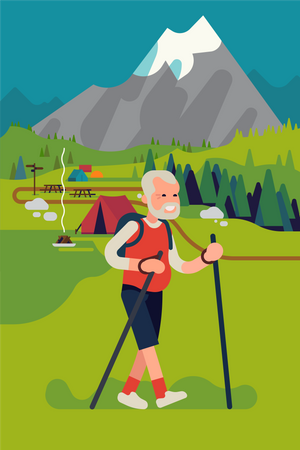 Happy elderly man hiking or trekking on mountain  Illustration