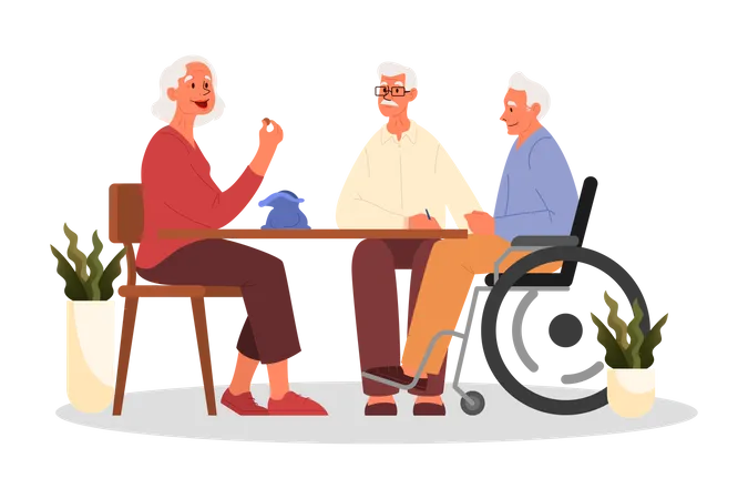 Happy elderly playing bingo together  Illustration