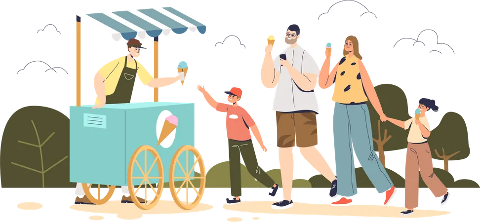 Happy family buying ice cream at kiosk  Illustration