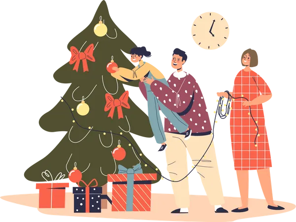 Happy family decorating christmas tree  イラスト