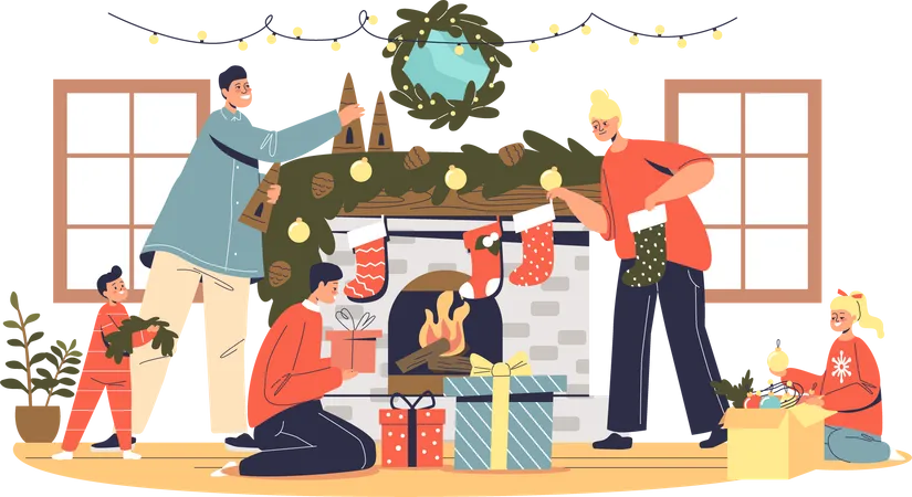 Happy family decorating living room for christmas celebration put socks for gifts on fireplace  イラスト