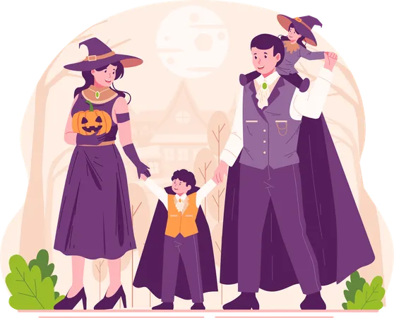 Happy Family Parents and Children Dressed in Halloween Costumes Celebrating Halloween  イラスト