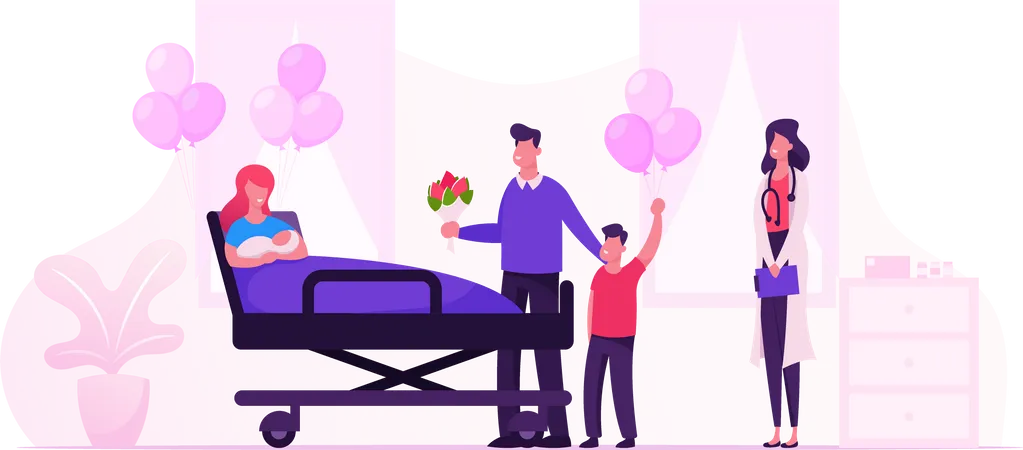 Happy Family with Newborn Baby in Chamber of Maternity Hospital  Illustration