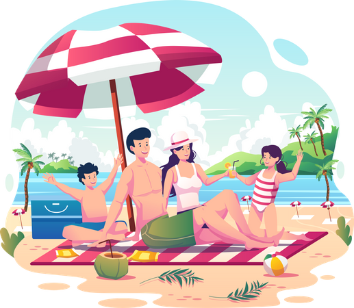 Happy family with two kids relaxing and enjoying summer on the beach  Illustration