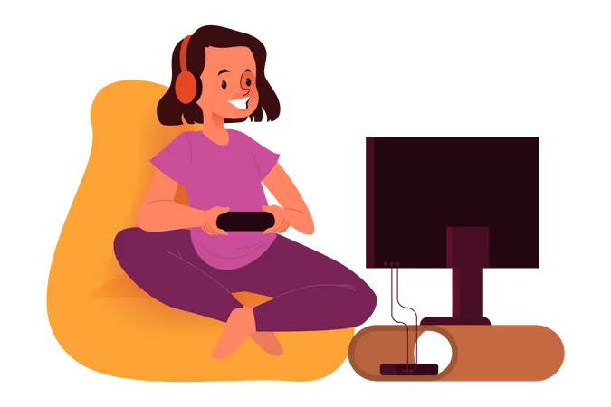 Happy girl on the couch with console controller  Illustration