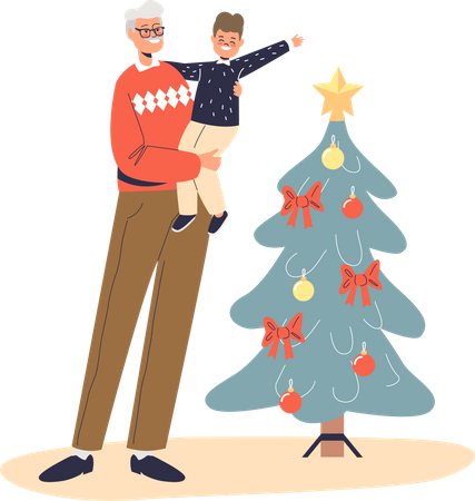 Happy grandfather holding on hands little kid boy  イラスト