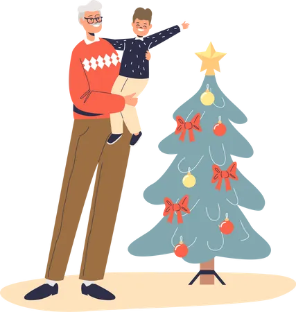 Happy grandfather holding on hands little kid boy  イラスト