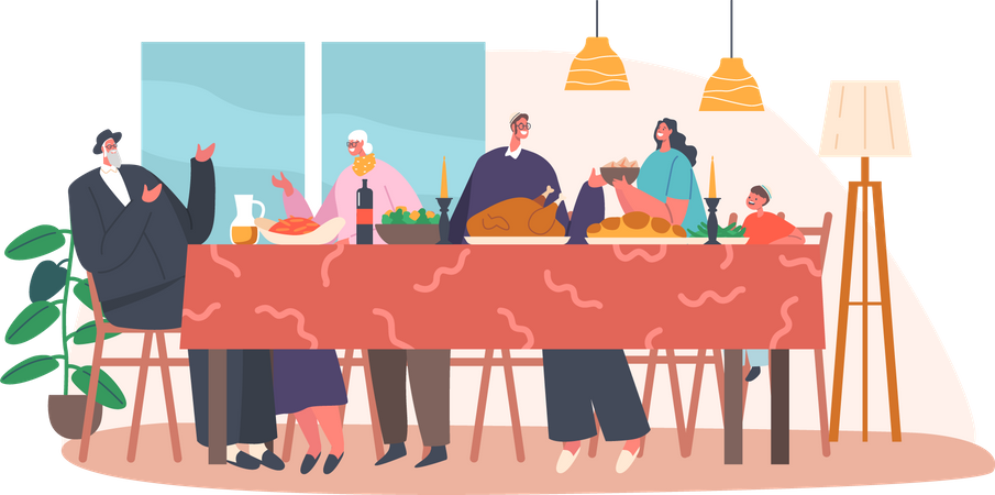 Happy Israel Family Having Dinner and Celebrate Hanukkah Holiday  Illustration