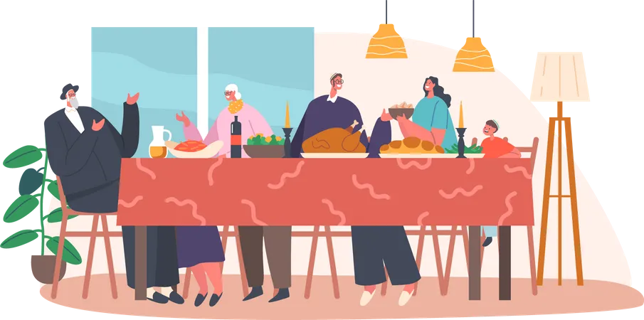 Happy Israel Family Having Dinner and Celebrate Hanukkah Holiday  Illustration