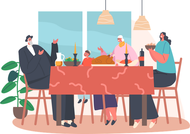 Happy Jewish Family Having Dinner  Illustration