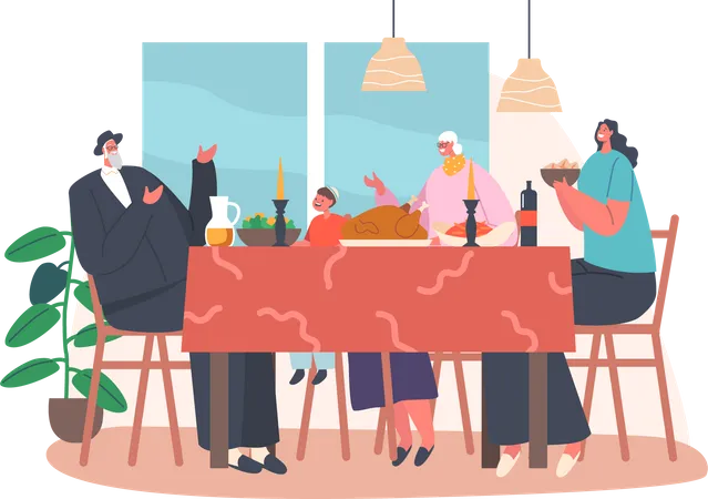 Happy Jewish Family Having Dinner  Illustration