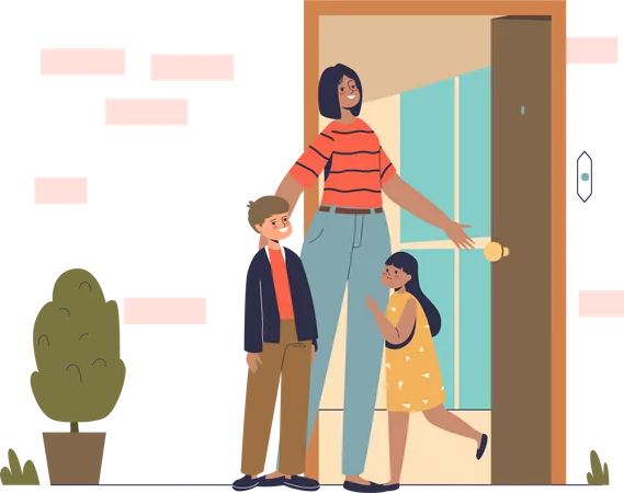 Happy kids meeting mom at front door at home after trip or work outdoors  Illustration