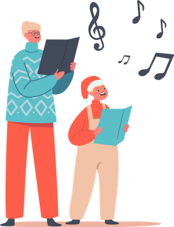 Happy Kids Wearing Santa Claus Hats and Knit Sweaters Singing Christmas Songs  Illustration