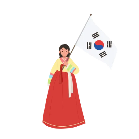 Happy korean girl wearing hanbok with south korea flag  Illustration