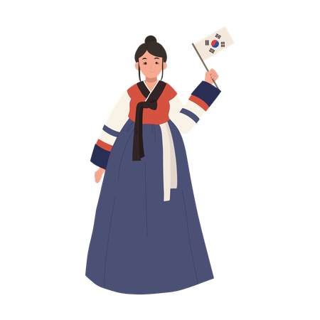 Happy korean girl wearing hanbok with south korea flag  Illustration