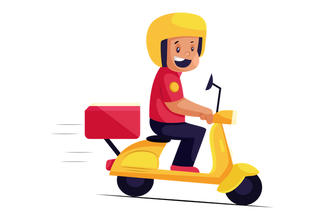 Heureux livreur de pizza sur scooter  Illustration