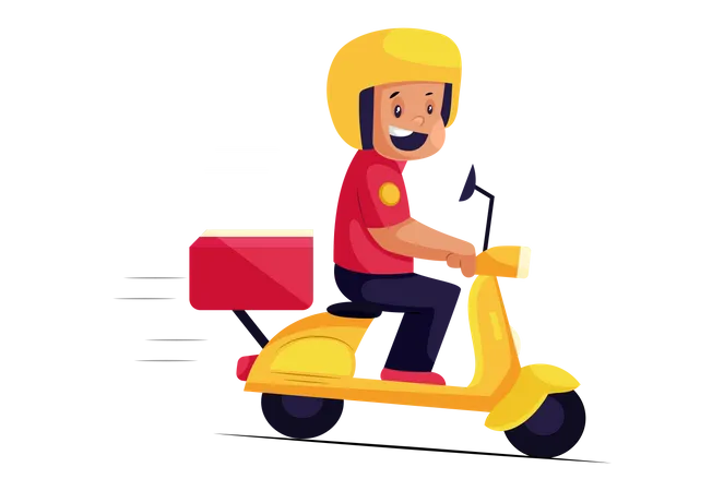 Heureux livreur de pizza sur scooter  Illustration