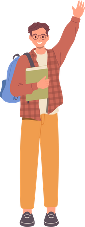 Happy male student in casual clothing with book and backpack  일러스트레이션