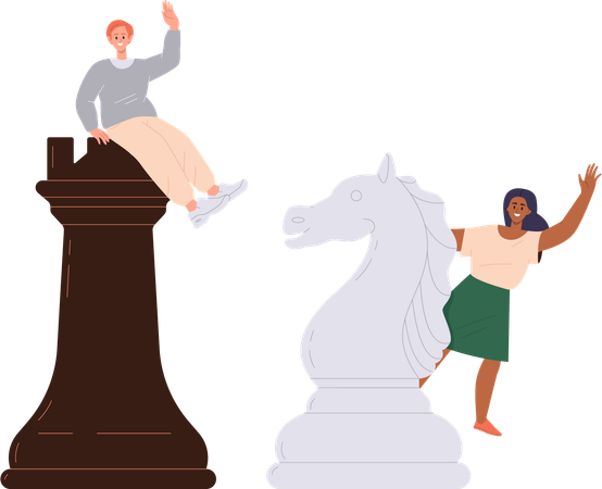 Happy man and woman playing giant chess figure  Illustration