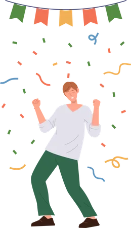 Happy man gesturing yes celebrating success standing under confetti rain  Illustration