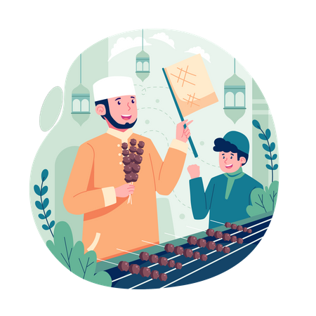 Happy muslims make satay during Eid al-Adha  일러스트레이션