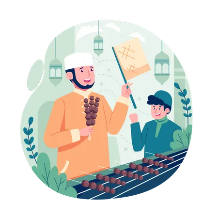 Happy muslims make satay during Eid al-Adha  일러스트레이션