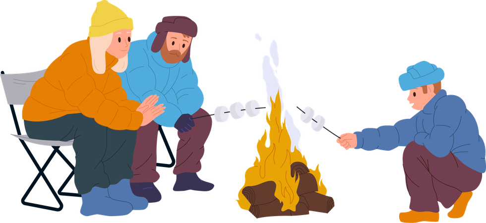 Happy  parents and son frying marshmallow on camp fire  Illustration