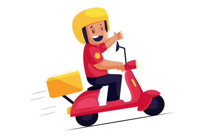 Heureux livreur de pizza sur scooter  Illustration